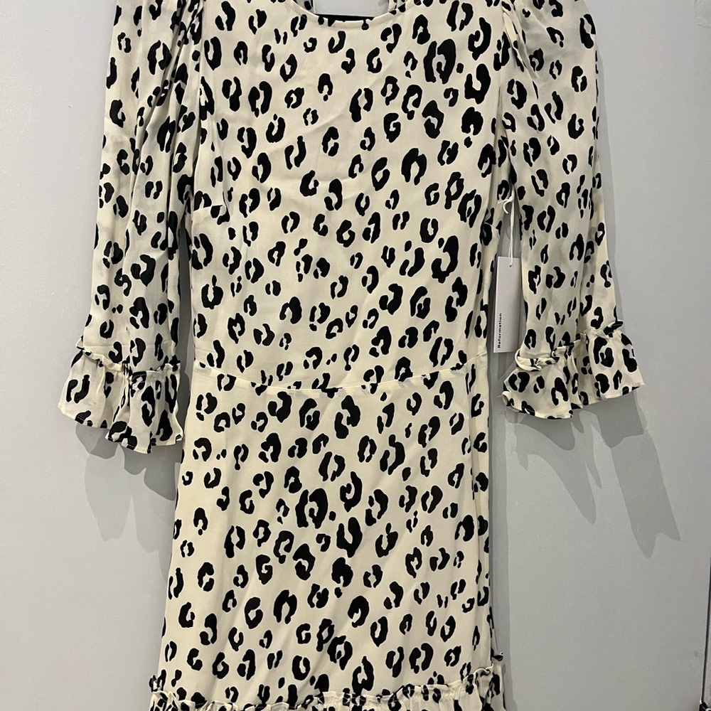 Reformation Doutzen Snow Leopard Print Dress with Ruffle Sleeves